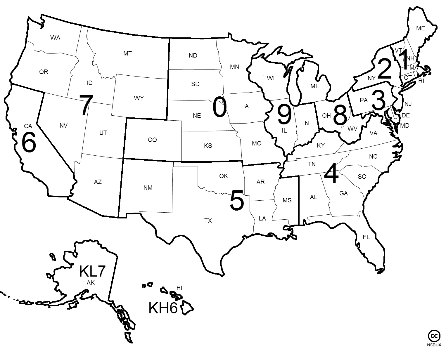 N5DUX's US Call Area Map